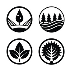 Minimalist nature icons, circular emblems, black and white design, leaf motifs, geometric plant symbols, abstract environmental logos.