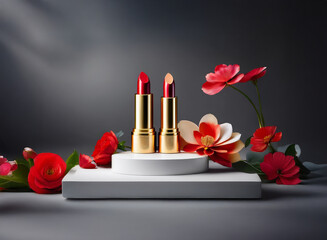 Two vibrant red lipsticks with gold casings, displayed on a minimalist white platform, accented by delicate red and white flowers under soft lighting.  A sophisticated beauty product shot.