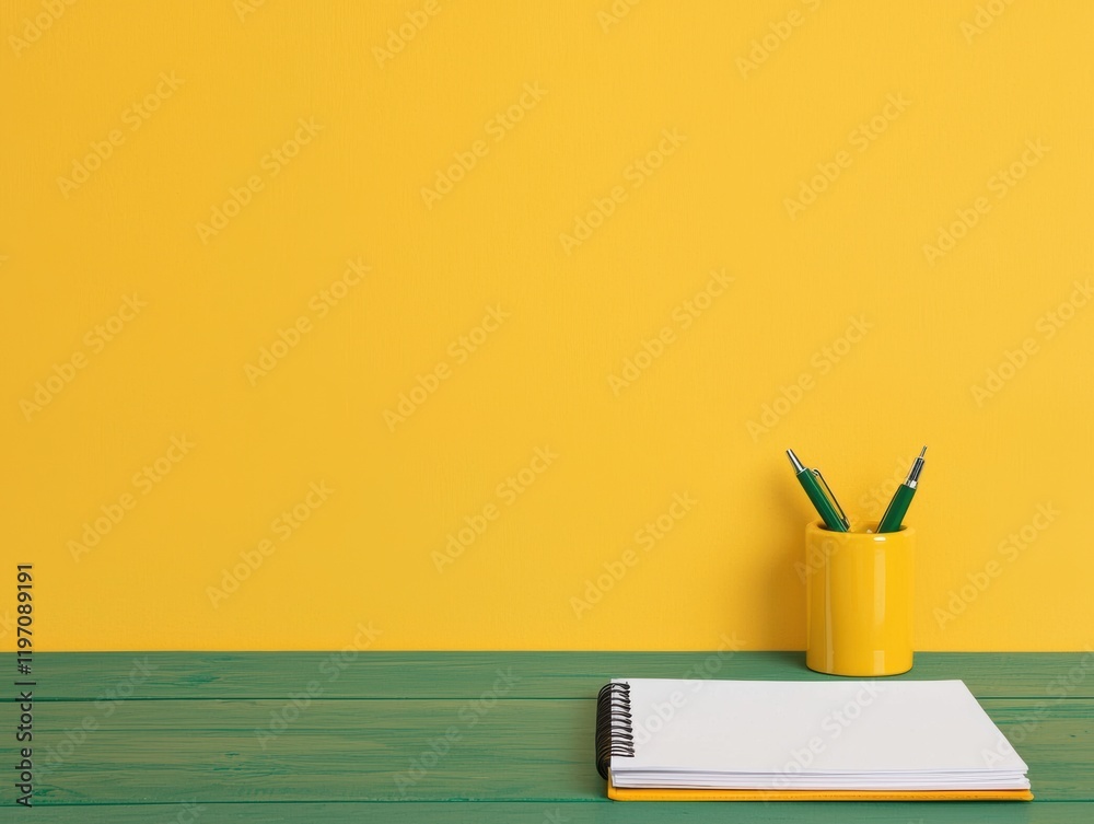 Aufkleber notepad and pens resting on a green wooden table against a vibrant yellow wall, creating a workspace