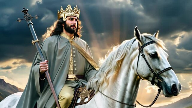 Jesus Christ with the name of Michael sitting on a white horse Victory over the forces of evil