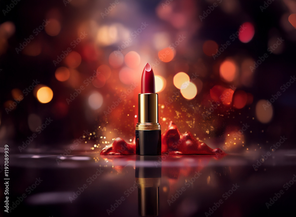Poster A single red lipstick stands on a reflective surface, surrounded by red spills and a bokeh background of warm, festive lights.  The scene is glamorous and luxurious.