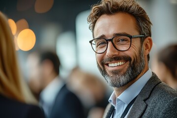 Happy businessman talking to his female colleague after seminar in conference hall. Generative AI