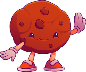 Cartoon groovy chocolate chip cookie valentine day character. Funny vector dessert, crumbly bakery personage in trendy hippie sneakers cheerfully posing. Vintage bake house product with smiling face
