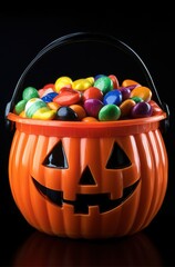 Vibrant Halloween Bucket Filled with Colorful Candy Displayed Against a Dark Background for Spooky Seasonal Celebrations and Festive Decorations