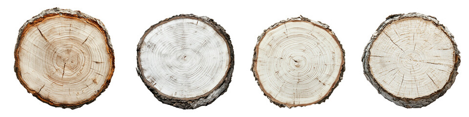 Circular cross-sections of wood showcasing natural textures.