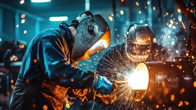 Intense welding scene with sparks flying, showcasing skilled cra