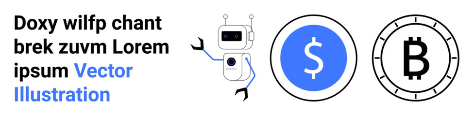 Robot with square head and antenna hands, a blue dollar sign in a blue circle, and a Bitcoin symbol in outlined circle. Ideal for technology, finance, digital currency, AI, automation, robotics