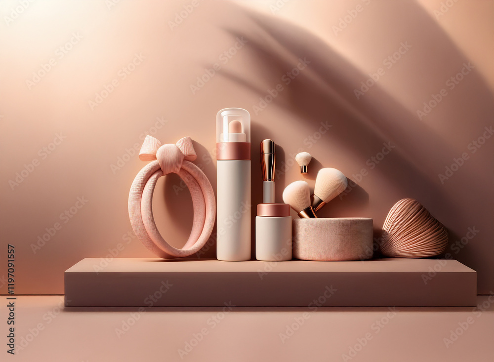 Poster soft, peach-toned cosmetics and accessories arranged on a minimalist shelf, bathed in warm, gentle l