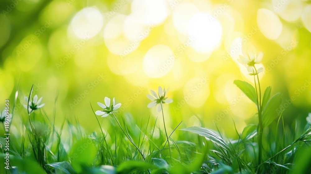 Leinwandbilder sunlit garden with white flowers and green grass creating an inviting natural atmosphere for text di