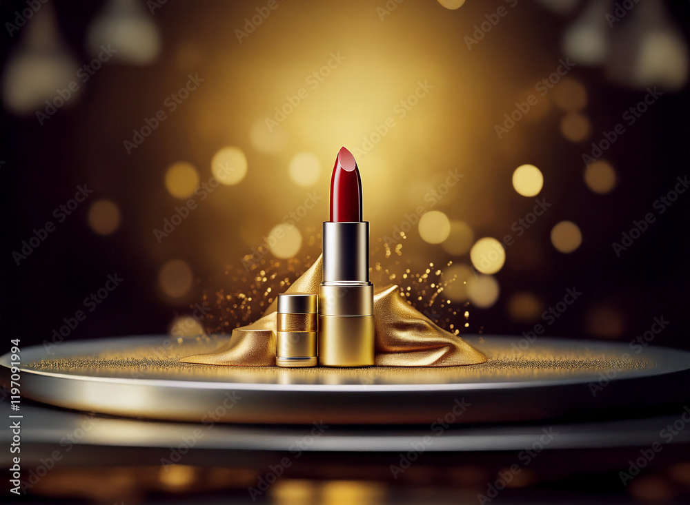 Aufkleber A red lipstick in gold casing rests on a golden silk drape, displayed on a circular platform against a bokeh background.  Elegance and luxury are highlighted.