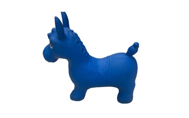 A blue inflatable donkey toy against white background