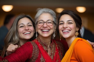 Fototapeta premium Joyful Family Celebration with Three Generations of Women Smiling Together in Traditional Attire