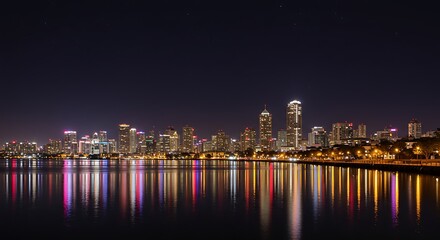 Fototapeta premium Nighttime city skyline with vibrant lights reflecting in the water along the waterfront 