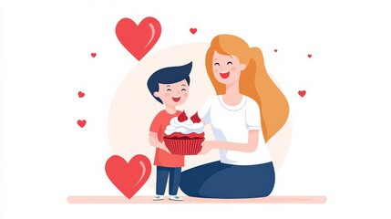 Fototapeta premium Happy mother and son sharing a cupcake in a joyful celebration of love and togetherness in a colorful illustration