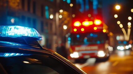 Blue flashing light of a police car illuminating the scene against the backdrop of a red fire truck, emphasizing emergency response, safety, and teamwork