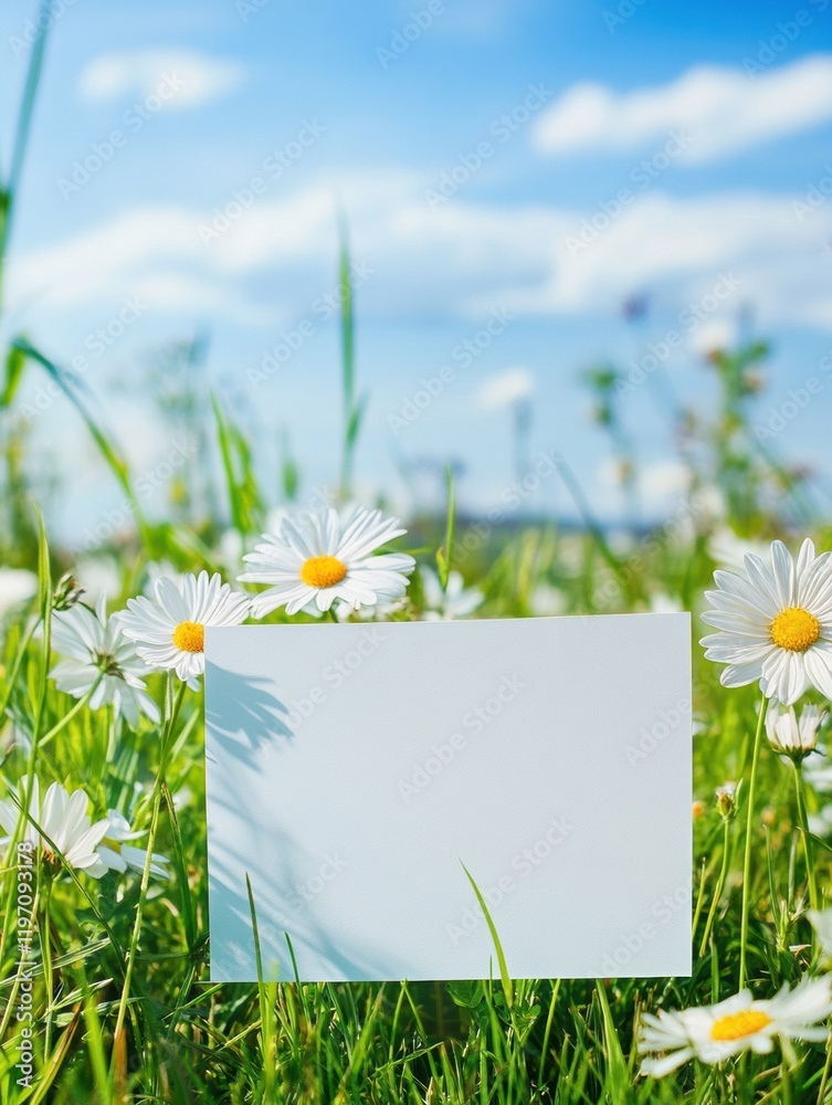 Leinwandbilder blank space on green grass with daisies and blue sky ideal for adding personalized text or message. 