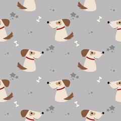 Dog cartoon so cute. On bone star gray background. Pattern seamless vector illustration. 
