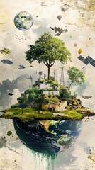 A digital collage representing SDG Economics, with renewable energy, equal education, and climate action, all interconnected in an idealistic global landscape