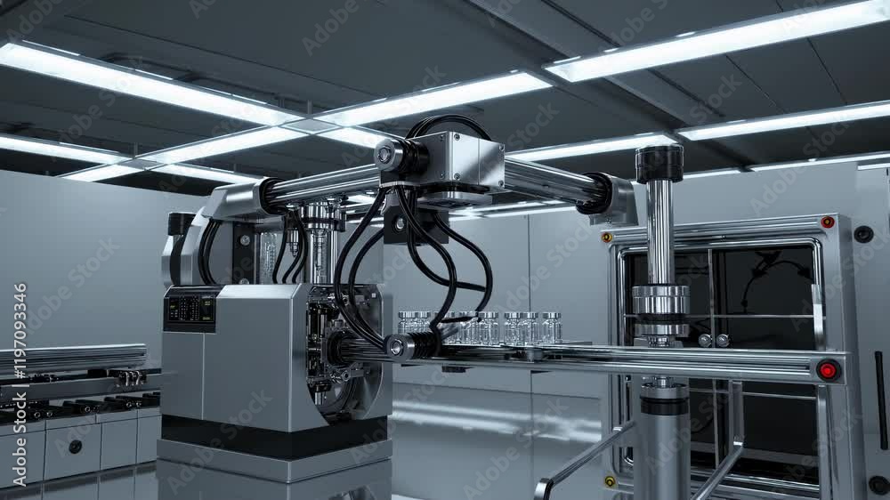 Poster advanced robotic system operates in a high-tech laboratory for automated assembly of glass vials