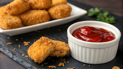Crispy Chicken Nuggets with Ketchup in a White Ramekin