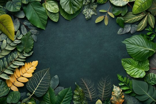 Various green leaves creating a lush frame around a blank copy space for text in the middle. Background is a green texture. - Powered by Adobe