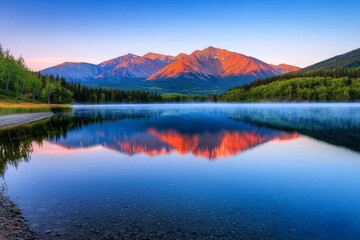 Fototapeta premium Tranquil Alpine Lake Reflecting Vivid Colors of Sunrise with Majestic Mountains in Background Creating a Serene Natural Landscape Scene