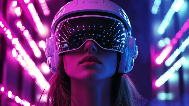 A woman experiences virtual reality, surrounded by colorful neon lights in a high tech setting while wearing a futuristic VR headset
