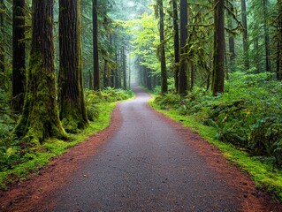 Enchanting Path Through a Foggy Forest Leading into the Distance, Surrounded by Lush Greenery and Majestic Trees in a Serene Landscape