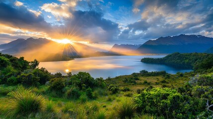 Obraz premium Gentle Rays of Sunlight Emerging Over a Tranquil Lake Surrounded by Lush Greenery and Majestic Mountains Under a Vibrant Sky at Dawn