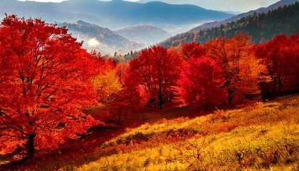 Fototapeta premium autumn, tree, fall, nature, leaves, forest, yellow, trees, season, park, landscape, leaf, orange, foliage, sky, green, colorful, color, red, blue, maple, golden, bright, outdoors, beautiful