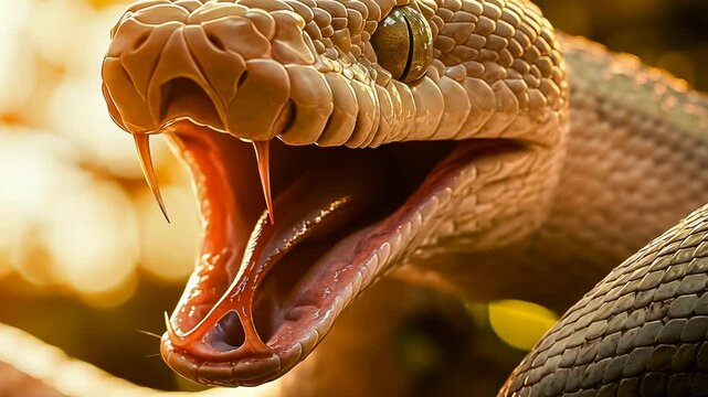 Close-white snake showing fangs sunlight.Dangerous reptile natural habitat dawn.Serpent poised,mouth open,golden light.Venomous predator displays aggression,safety warning.Early morning brings fierce