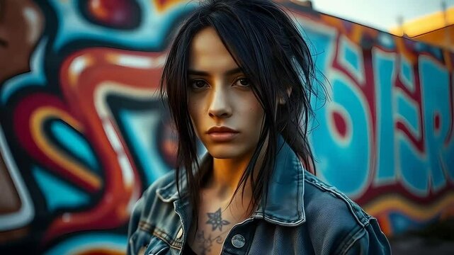 Woman vagabond with long unkempt black hair and a few visible scars