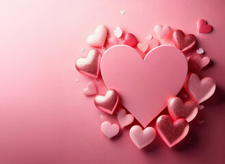 Pink and glittery hearts surrounding a big heart shape on a pink background, creating a romantic valentine's day atmosphere