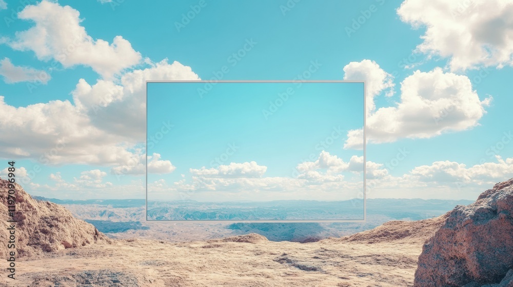 Poster Vast desert landscape with clear blue sky and empty space for text mock up. Generative AI