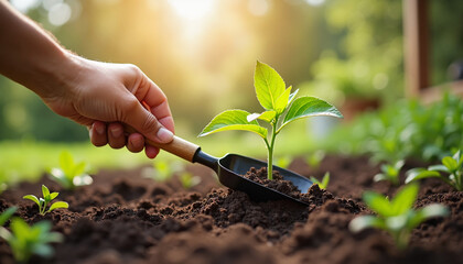 Hand planting seedling in soil under sunny skies, Earth Day symbolism