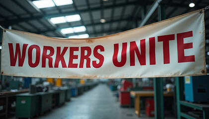 Obraz premium Workers Unite banner inside a factory, promoting solidarity