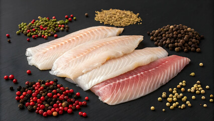 Fish Fillets with Peppercorns on Black Surface