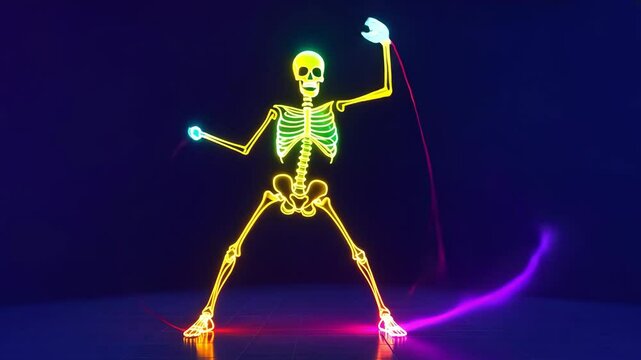 A vibrant skeleton performs energetic dance moves amid captivating neon lights over dark blue background