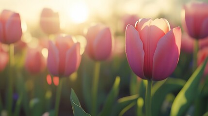 Pink tulips sunset field spring garden nature
