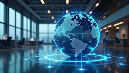 Futuristic digital globe showcasing technological innovation in office, advancement
