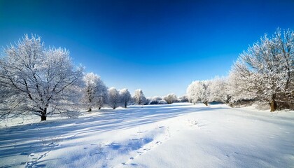 Obraz premium Beautiful winter landscape with snow-covered trees and fields under a