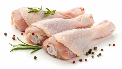 Fresh Raw Chicken Drumsticks with Garlic and Rosemary on White Background