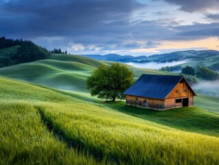 Obraz premium Serene Countryside Scene Featuring a Traditional Barn Nestled Among Lush Green Fields and Surrounded by Glowing Golden Foliage Under a Dramatic Sky