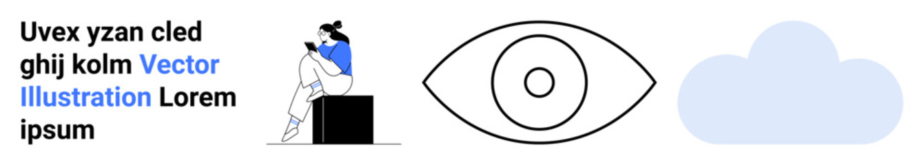 Woman reading on smartphone while sitting on box, large eye symbol, pale blue cloud. Ideal for technology, connectivity, privacy, social media, cloud computing, data visualization modern lifestyle