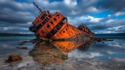 Naklejka premium Rusty Shipwreck Seascape Illustration