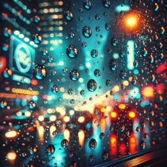 Obraz premium Neon City Reflections Through Rainy Window