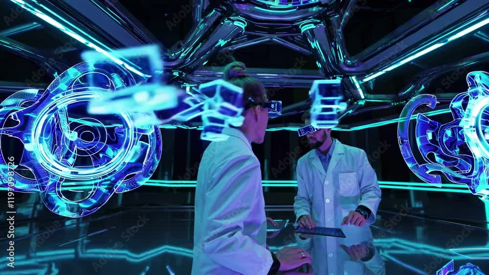 Poster scientists conduct advanced research with holographic displays in a futuristic laboratory during a t