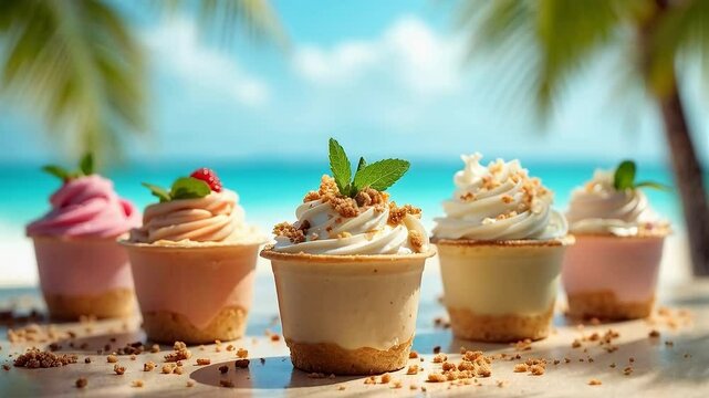 Postres cremosos individuales decorados con crema y galleta en la playa
