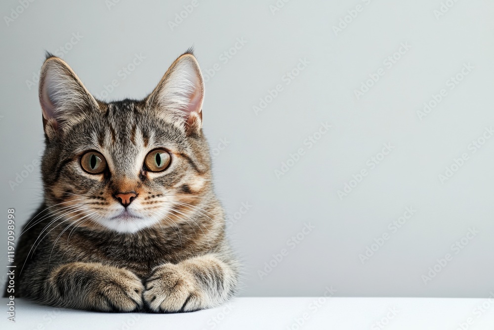 Poster Cute tabby cat relaxing with a calm expression in a simple, empty space perfect for adding text. Generative AI