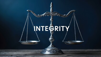 Silver justice scales with "INTEGRITY" text balanced, symbolizing fairness and ethics, ideal for legal, business, corporate, or educational content, dark moody background emphasizing professionalism